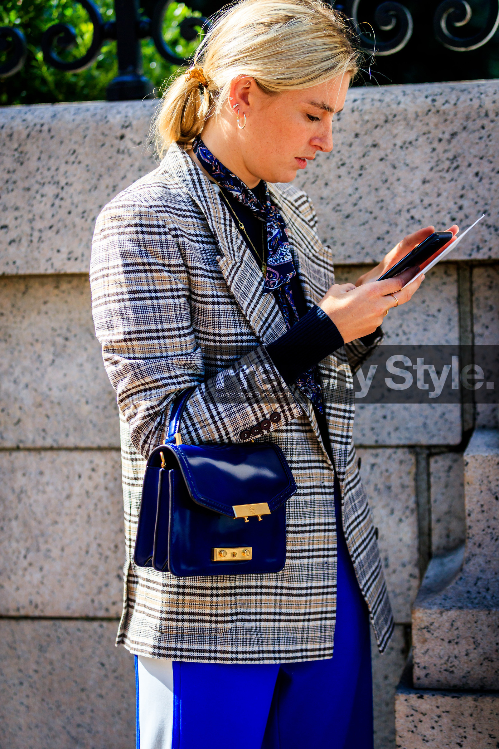 atmosphere details, black bag, blazer, blue bag, blue pants, brown jacket, camille charriere, checked jacket, detail, fashion week, frenchystyle, FW, graphic jacket, jonathan paciullo, leather bag, NEW YORK, NYFW, plaid, printed scarf, SPRING SUMMER 2018, SS 18, street style, suede bag, trousers, vertical