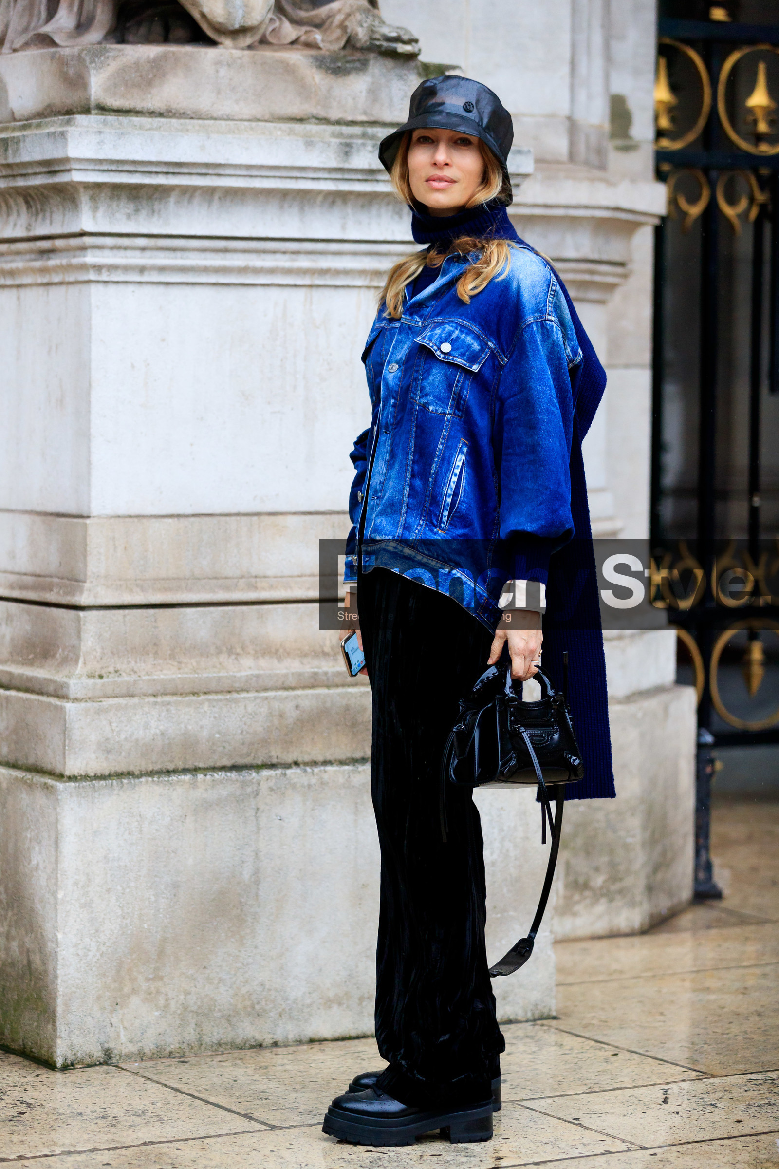 alexandra golovanoff, black hat, black pants, black leather bag, black polish bag, hand bag, mini bag, balenciaga bag, sheer hat, plastic hat, maison michel hat, denim, denim jacket, blue jacket, blue pullover, knit jacket, asymetrical jacket, velvet pants, black leather boots, flat boots, stella mccartney jacket, fashion week, frenchystyle, FW, jonathan paciullo, street style, PFW, PARIS, vertical, full length