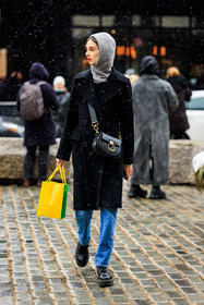 chloe crossbody bag, chloe handbag, black chloe bag, chloe tess bag, black coat, gret hoodie, jeans, docto martens boots, giselle norman, fashion week, frenchystyle, FW, jonathan paciullo, street style, NYFW, NEW YORK, AUTUMN WINTER 2022-2023, FALL WINTER 2022_2023, FW 22-23, vertical, full length, model