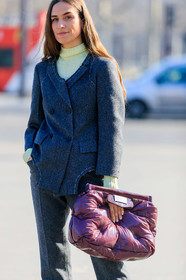 blazer, erika boldrin, grey jacket, grey pants, grey suit, leather bag, maison martin margiela, purple bag, trousers, yellow sweater, PARIS, PFW, street style, jonathan paciullo, FW, frenchystyle, fashion week, AUTUMN WINTER 2019-2020, AW 19-20, FALL WINTER 2019-2020, FW 19-20, vertical, atmosphere details, detail