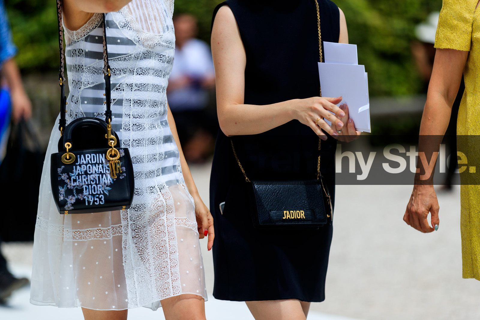 black bag, black dress, christian dior, graphic bag, lace dress, leather bag, printed bag, see through, stripes, white dress, fashion week, frenchystyle, FW, jonathan paciullo, street style, PFW, PARIS, horizontal, atmosphere details, detail, AUTUMN WINTER 2018-2019, FALL WINTER 2018-2019, FW 18-19