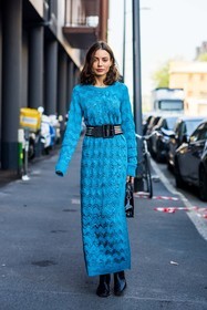 black bag, black boots, blue dress, Clara Aparicio, color, dress, knitted dress, large belt, leather bag, leather boots, missoni look, printed belt, printed dress, long dress, wool dress, turquoise dress, fashion week, frenchystyle, FW, jonathan paciullo, street style, MFW, MILAN, SPRING SUMMER 2022, SS 22, vertical, full length