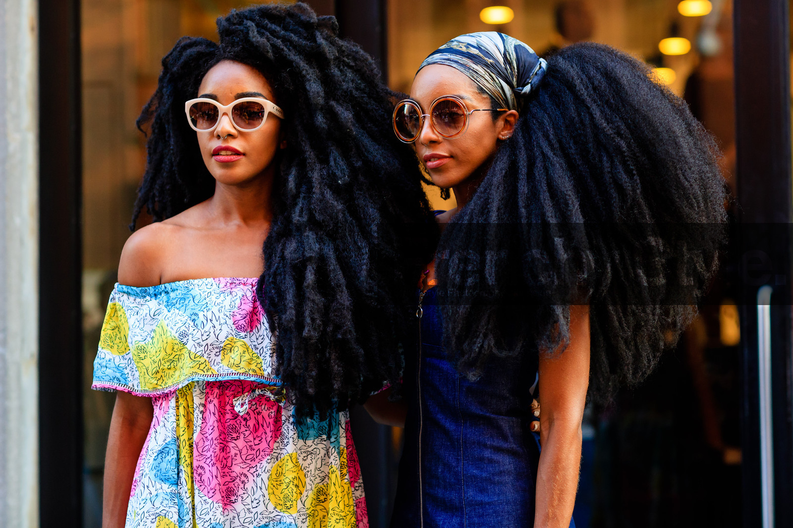 atmosphere details, blue denim, blue dress, bustier dress, Cipriana And Takenya Quann, denim dress, detail, fashion week, frenchystyle, FW, horizontal, jonathan paciullo, NEW YORK, NYFW, off the shoulder, printed dress, scarf, SPRING SUMMER 2017, SS 17, street style, sunglasses, tie & die, woman, zip