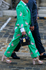 green jacket, green pants, green suits, corduroy jacket, corduroy pants, velvet jacket, velvet pants, embroidered jacket, embroidered pants, nude sandals, platform sandals, strassed buckle shoes, polish shoes, polish sandals, black leather bag, hand bag, thom browne bag, thom browne jacket, thom browne pants, thom browne look, fashion week, frenchystyle, FW, jonathan paciullo, street style, PFW, PARIS, SPRING SUMMER 2020, SS 20, horizontal, atmosphere details, detail