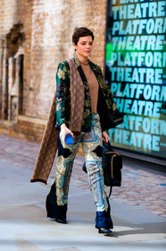 black bag, black shoes, blue pants, brown scarf, camel knit, floral, flowers, graphic jacket, graphic pants, green jacket, gucci, leather bag, leather shoes, printed jacket, printed pants, printed scarf, trousers, fashion week, frenchystyle, FW, jonathan paciullo, street style, LFW, LONDON, SPRING SUMMER 2019, SS 19, vertical, full length