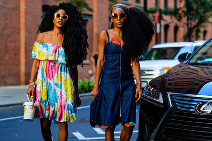 atmosphere details, blue denim, blue dress, bustier dress, Cipriana And Takenya Quann, denim dress, detail, fashion week, frenchystyle, FW, horizontal, jonathan paciullo, leather bag, NEW YORK, NYFW, off the shoulder, pink, printed dress, scarf, SPRING SUMMER 2017, SS 17, street style, sunglasses, tie & die, turquoise, white, white bag, woman, yellow, zip