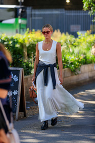 belted dress, big chain necklace, black boots, blue stone earrings, blue strap bag, brown leather bag, celine earrings, dark grey pullover, eye ring, golden necklace, green strap bag, loewe bag, long dress, multi necklace, multicolor strap bag, pearl earrings, plaited strap bag, red strap bag, red sunglasses, sleeveless dress, used dress, white dress, white strap bag, fashion week, frenchystyle, FW, jonathan paciullo, street style, vertical, full length