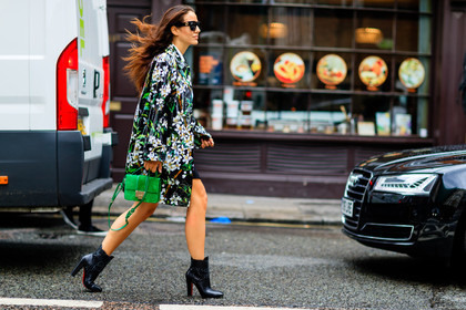 atmosphere details, black boots, christian louboutin, fashion week, floral, flower, frenchystyle, full length, FW, green bag, green coat, green jacket, high heels, horizontal, jimmy choo, jonathan paciullo, leather boots, LFW, LONDON, printed coat, printed jacket, SPRING SUMMER 2017, SS 17, street style, suede bag, sunglasses, tamara kalinic, woman