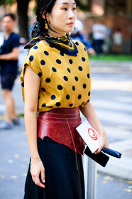 black skirt, earrings, graphic top, leather belt, polka dot, printed top, red belt, versace, yellow scarf, yellow t shirt, street style, jonathan paciullo, FW, frenchystyle, fashion week, MFW, MILAN, SPRING SUMMER 2019, SS 19, vertical, atmosphere details, detail