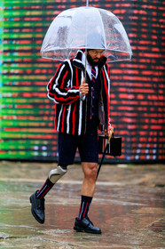 striped coat, striped socks, striped tie, fur coat, red coat, white coat, navy blue coat, navy blue bermuda shorts, navy blue jacket, navy blue tie, red socks, white socks, black leather derbie, white shirt, striped bag, box bag, hand bag, red leather bag, white leather bag, navy blue leather bag, thom browne bag, thom browne coat, thom browne shorts, thom browne socks, thom browne shoes, thom browne look, thom browne jacket, thom browne skirt, thom browne shirt, sheer umbrella, fashion week, frenchystyle, FW, jonathan paciullo, street style, PFW, PARIS, vertical, full length