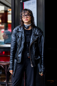 black monochrome, black pants, black perfecto, black scarf, black t-shirt, glasses, jacket, leather jacket, pants, perfecto, scarf, t-shirt, white scarf, fashion week, frenchystyle, FW, jonathan paciullo, street style, PFW, PARIS, SPRING SUMMER 2022, SS 22, vertical, atmosphere details