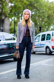 alexander wang, annabel rosendahl, black top, blue denim, brown bag, denim pants, fashion week, frenchystyle, full length, FW, jeans, jonathan paciullo, leather bag, leather shoes, louis vuitton, monogram, PARIS, PFW, pink beanie, printed bag, purple jacket, satin stitch, see through, SPRING SUMMER 2017, SS 17, street style, trousers, vertical