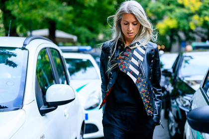 atmosphere details, black jacket, black pants, detail, dyed hair, fashion week, frenchystyle, FW, geometric, graphic jacket, horizontal, jonathan paciullo, leather jacket, louis vuitton, MFW, MILAN, monogram, printed jacket, sarah harris, SPRING SUMMER 2017, SS 17, street style, striped jacket, stripes, trousers