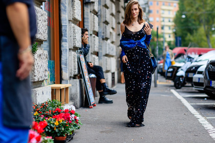 atmosphere details, black bag, black dress, blue denim, denim jacket, fashion week, frenchystyle, full length, FW, horizontal, jonathan paciullo, leather bag, MFW, MILAN, off the shoulder, polka dot, printed dress, SPRING SUMMER 2017, SS 17, street style