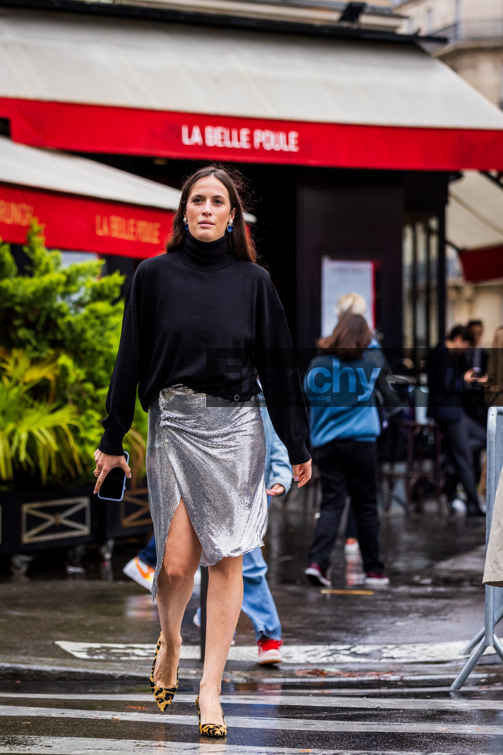animal print, Astrid Boutrot, black turtleneck, earrings, heels, leopard heels, leopard shoes, printed heels, sequins, silver skirt, skirt, splited skirt, turtleneck, fashion week, frenchystyle, FW, jonathan paciullo, street style, PFW, PARIS, SPRING SUMMER 2022, SS 22, vertical, full length