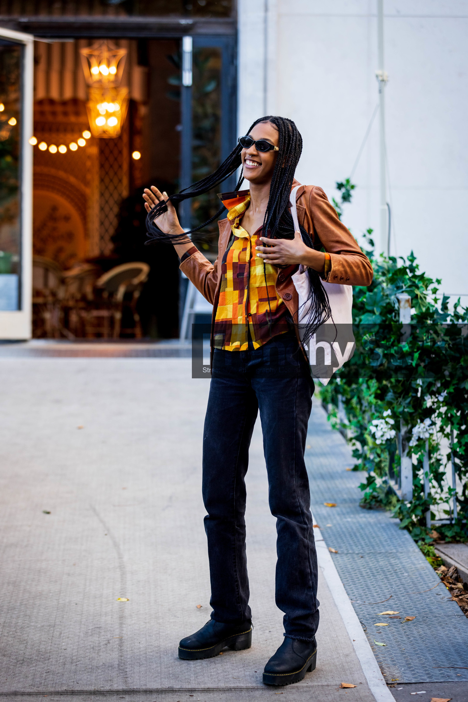 black boots, black denim, black jean, black sunglasses, boots, braid, brown jacket, camel jacket, check, checked shirt, color, denim, jacket, jean, leather boots, leather jacket, print, printed shirt, straigh jean, sunglasses, tote bag, yellow shirt, fashion week, frenchystyle, FW, jonathan paciullo, street style, PFW, PARIS, SPRING SUMMER 2022, SS 22, vertical, full length, model