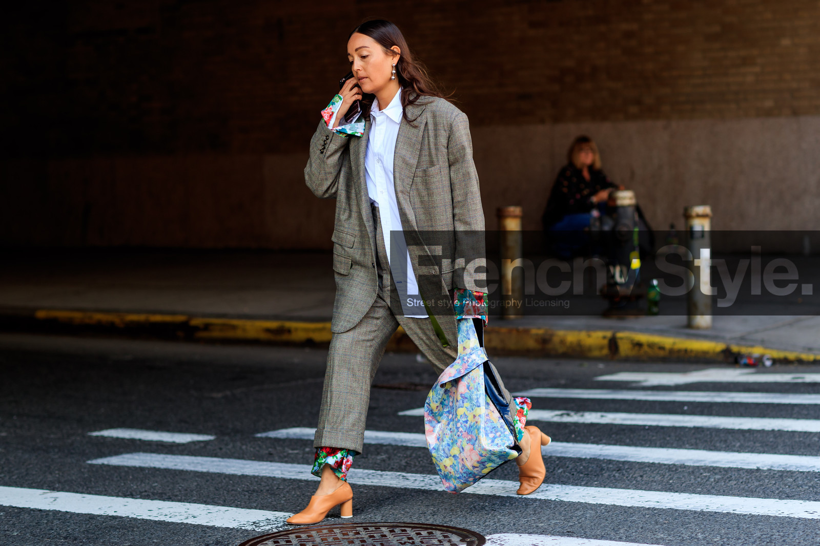 atmosphere details, beige shoes, blazer, blue bag, brown jacket, brown pants, checked jacket, checked pants, earrings, fashion week, floral, flower, frenchystyle, full length, FW, high heels, horizontal, jonathan paciullo, leather bag, leather shoes, NEW YORK, NYFW, oversize, printed bag, rachael wang, SPRING SUMMER 2018, SS 18, street style, trousers, white shirt