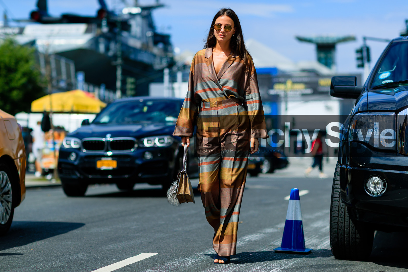 atmosphere details, beige bag, bronze, brown, brown pants, brown shirt, fashion week, frenchystyle, full length, FW, geometric, gucci, horizontal, jonathan paciullo, monogram, NEW YORK, NYFW, printed bag, printed pants, printed shirt, SPRING SUMMER 2017, SS 17, street style, striped pants, striped shirt, stripes, sunglasses, trousers, wide pants, woman, zina charkoplia