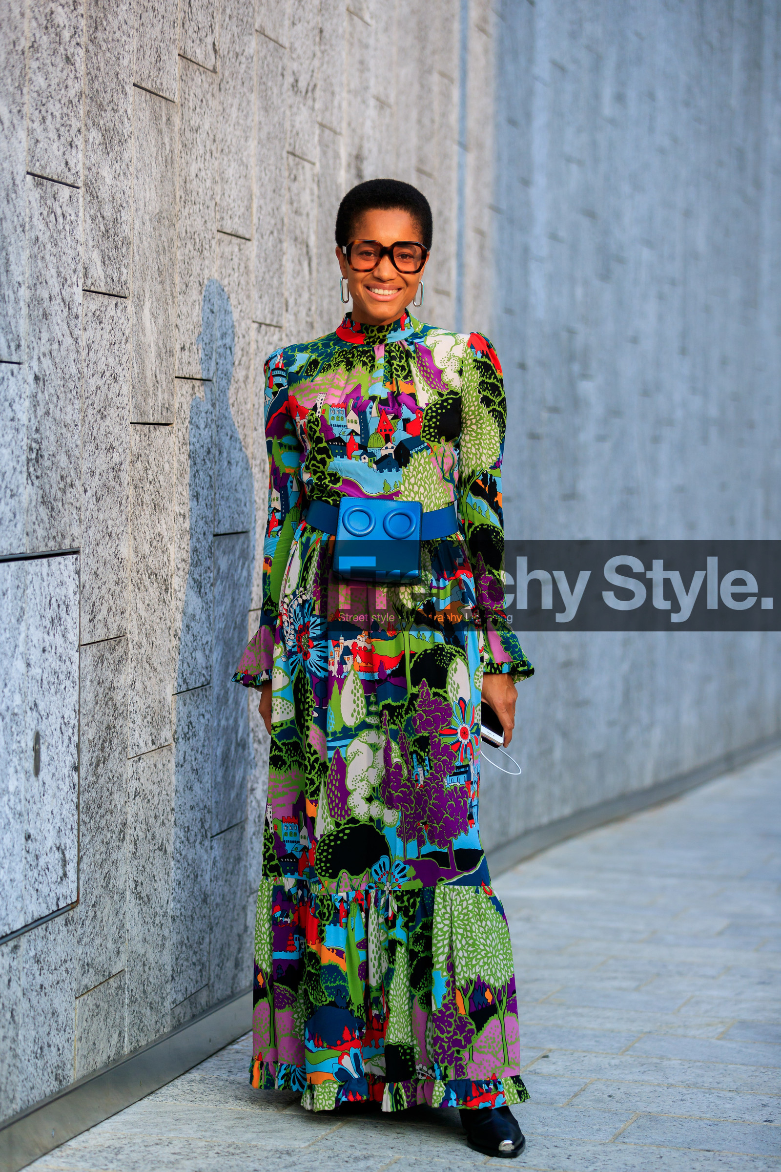 black shoes, blue bag, fanny pack, floral, flowers, graphic dress, green dress, leather bag, leather shoes, multicolor dress, printed dress, short hair, sunglasses, tamu mcpherson, fashion week, frenchystyle, FW, jonathan paciullo, street style, MFW, MILAN, SPRING SUMMER 2019, SS 19, vertical, full length