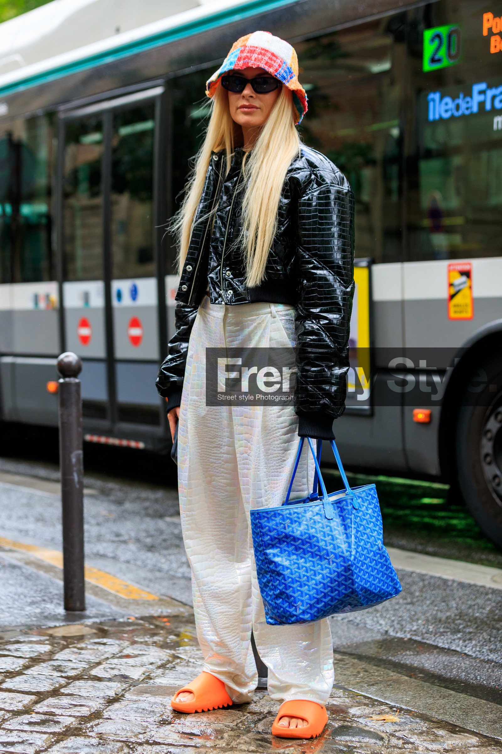 blue bag, blue leather bag, hand bag, logo all over, logo printed bag, goyard bag, orange sandals, orange shoes, orange slippers, orange flip flop, yeezy slide, yeezy shoes, multicolor hat, knit hat, black leather jacket, black jacket, leather jacket, snake skin jacket, animal skin jacket, animal skin pants, snake skin pants, white pants, loose pants, oversize pants, cropped jacket, Thora Valdimars, fashion week, frenchystyle, FW, jonathan paciullo, street style, PFW, PARIS, AUTUMN WINTER 2021-2022, FALL WINTER 2021-2022, FW 21-22, vertical, full length
