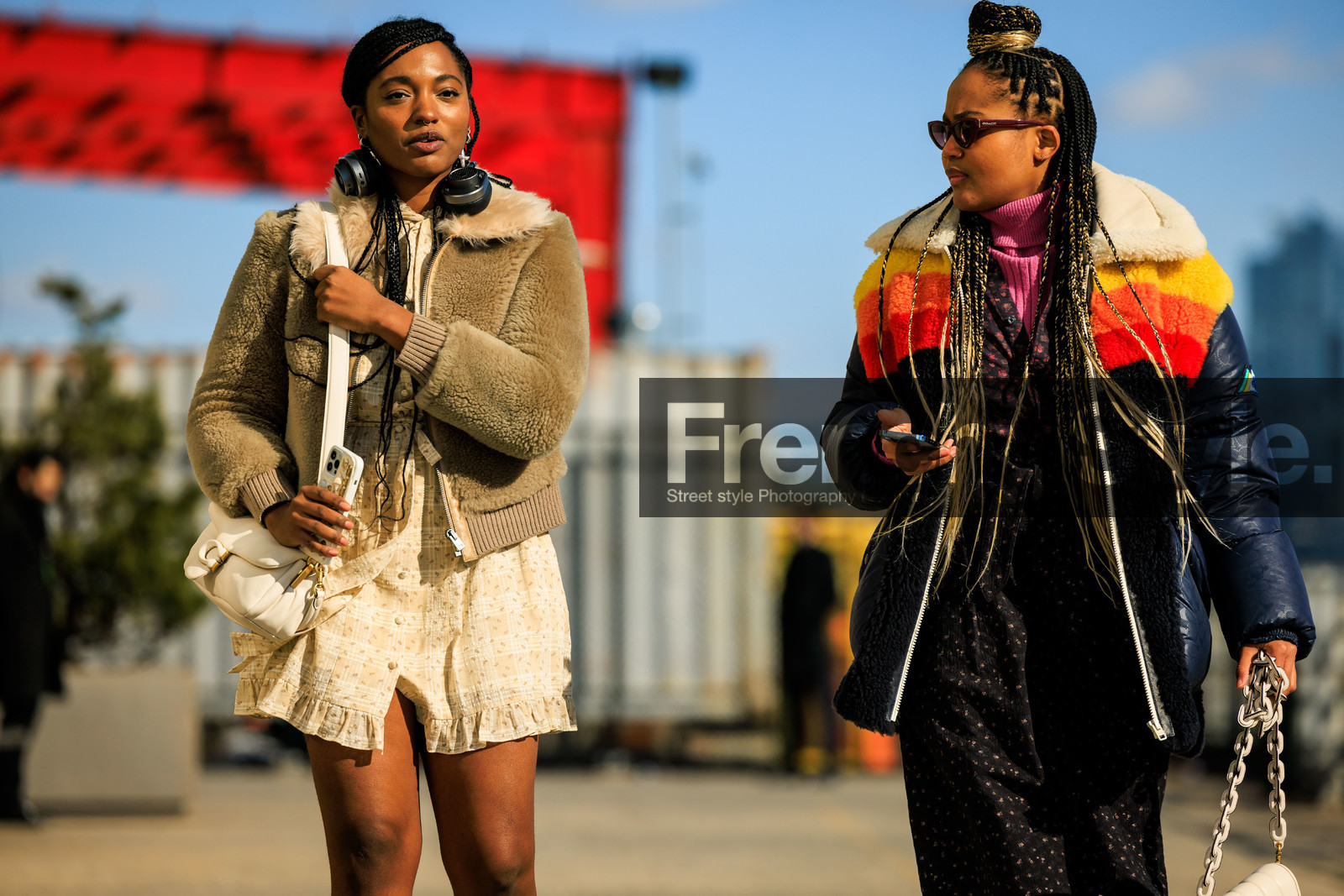 winter boots, buttoned mini dress, beige mini dress, furry short jacket, kaki short jacket, puffy coach bag, white coach bag, coach crossbody, headphones, multicolored winter jacket, coach winter jacket, puffy jacket, long braids, sunglasses, printed black dress, purple turtleneck, fashion week, frenchystyle, FW, jonathan paciullo, street style, NYFW, NEW YORK, AUTUMN WINTER 2022-2023, FALL WINTER 2022_2023, FW 22-23, atmosphere details, horizontal