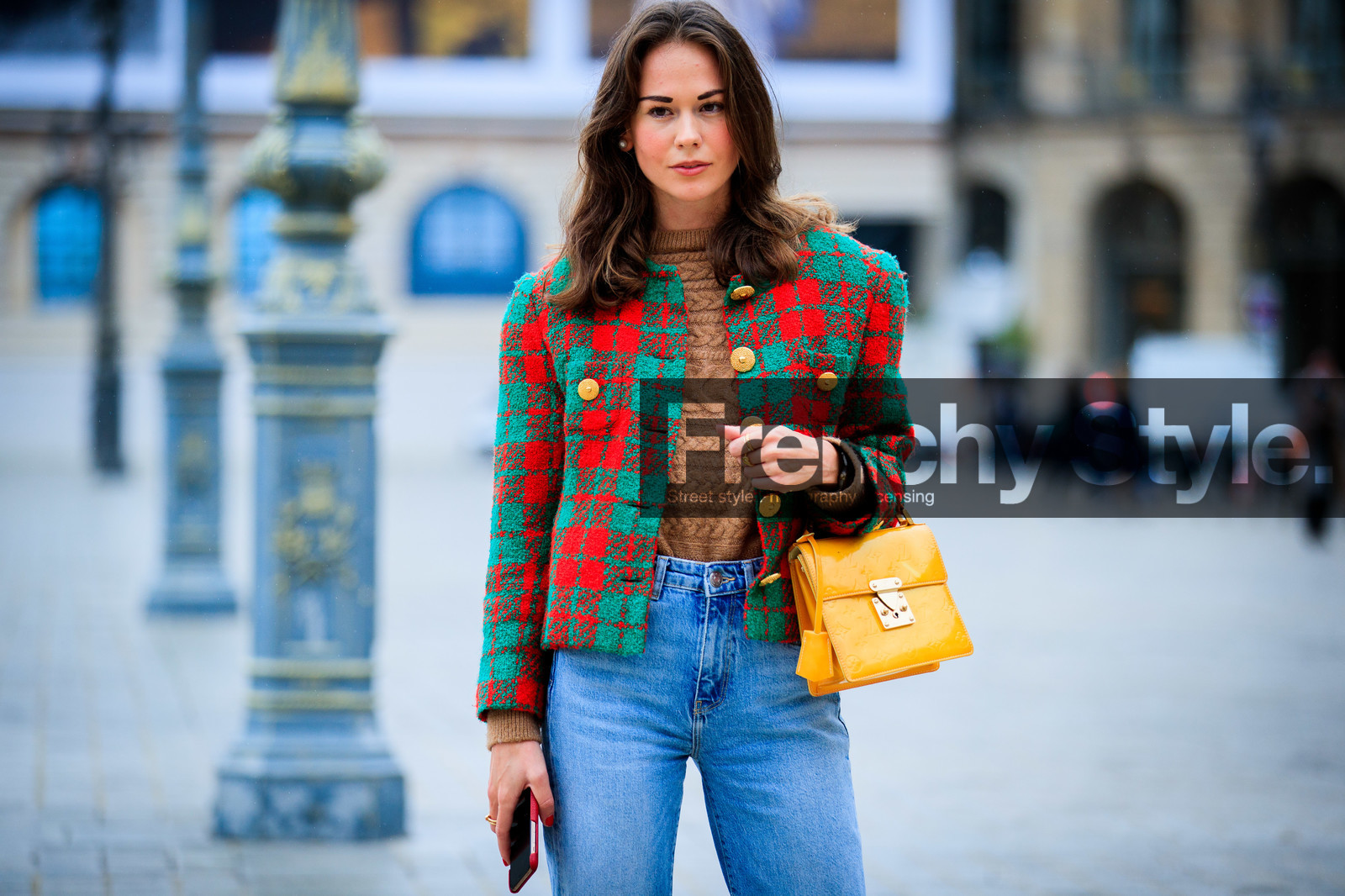 therese hellstrom, checked jacket, red jacket, green jacket, denim, light blue jeans, used jeans, flare jeans, yellow bag, polish bag, monogrammed bag, hand bag, louis vuitton bag, camel pullover, fashion week, frenchystyle, FW, jonathan paciullo, street style, PFW, PARIS, SPRING SUMMER 2021, SS 21, horizontal, atmosphere details, detail