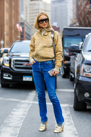 AUTUMN WINTER 2016-2017, AW 16-17, beige jacket, blue denim, denim pants, fashion week, frenchystyle, full length, FW, FW 16-17, golden heel, gucci, high heels, hood, jeans, jonathan paciullo, leather bag, leather jacket, loewe, metallic bag, NEW YORK, NYFW, pernille teisbaek, shiny heels, shiny socks, silver bag, street style, suede jacket, sunglasses, trousers, vertical, woman