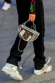 aleali may, black jumpsuit, graphic bag, leather bag, leather shoes, marine serre, printed bag, shiny shoes, silver shoes, transparent bag, trousers, white shoes, fashion week, frenchystyle, FW, jonathan paciullo, street style, PFW, PARIS, AUTUMN WINTER 2019-2020, AW 19-20, FALL WINTER 2019-2020, FW 19-20, vertical, atmosphere details, detail