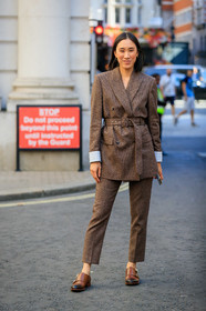 eva chen, brown checked jacket, checked jacket, checked pants, brown checked pants, belted jacket, tailored pants, brown leather loafers, fashion week, frenchystyle, FW, jonathan paciullo, street style, vertical, full length