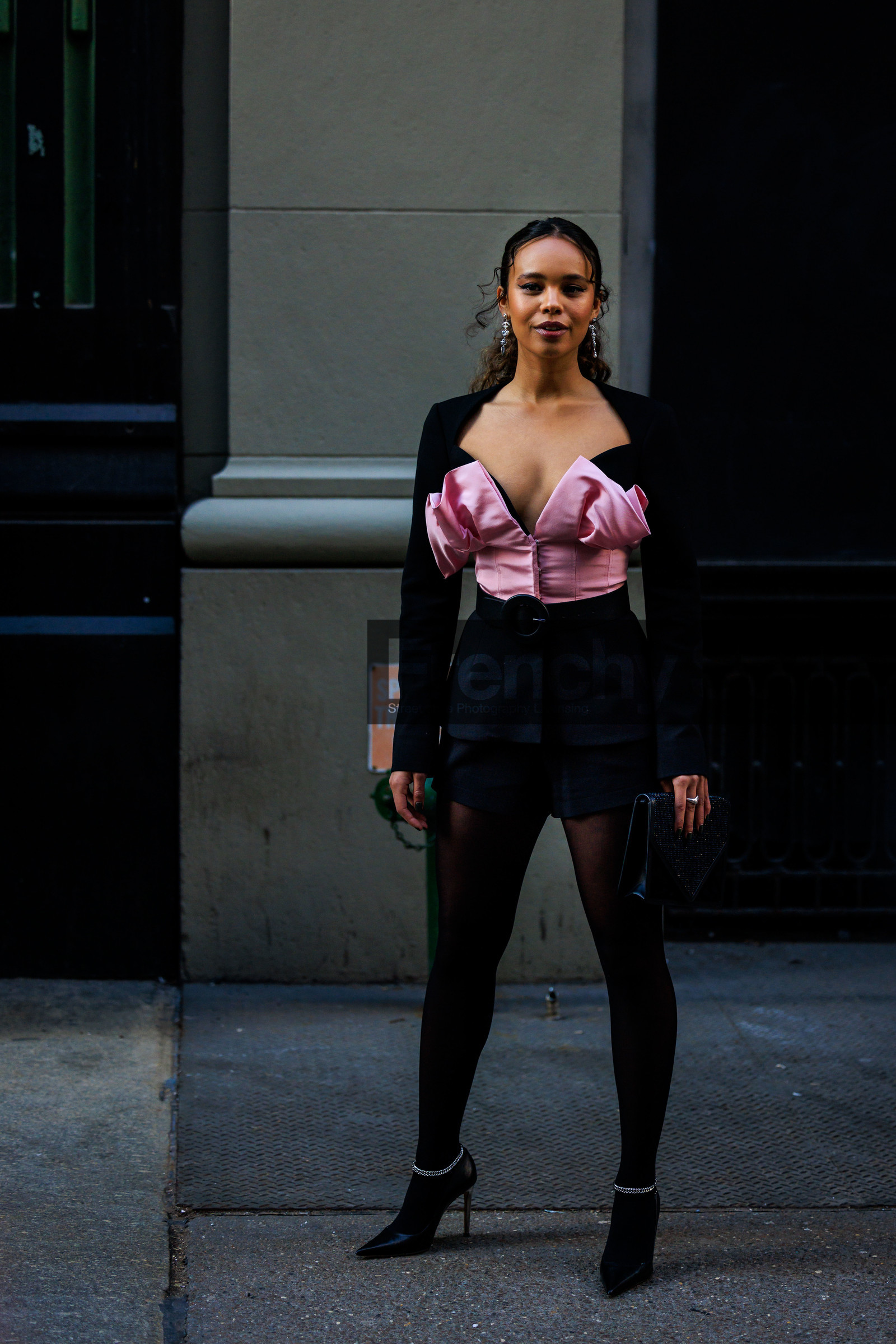 pink corset, ruffled corset, black skirt, mini skirt, black belt, black stilettos, big loops, silver creole, black stockings, alisha ihaan bo, fashion week, frenchystyle, FW, jonathan paciullo, street style, NYFW, NEW YORK, AUTUMN WINTER 2022-2023, FALL WINTER 2022_2023, FW 22-23, vertical, full length