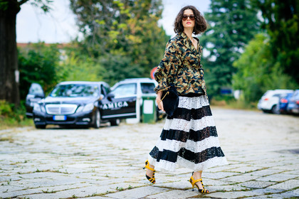 atmosphere details, black and white, camo jacket, camouflage, fashion week, frenchystyle, full length, FW, graphic skirt, green jacket, high heels, horizontal, jonathan paciullo, kaki jacket, lace skirt, leather bag, leather shoes, MFW, MILAN, military jacket, prada, printed jacket, printed skirt, SPRING SUMMER 2017, SS 17, street style, striped skirt, sunglasses, yellow sandals