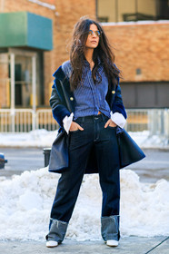 AUTUMN WINTER 2017-2018, AW 17-18, blue coat, blue denim, blue shirt, denim pants, FALL WINTER 2017-2018, fashion week, frenchystyle, full length, FW, FW 17-18, graphic shirt, jeans, jonathan paciullo, Lainy Hedaya, NEW YORK, NYFW, off the shoulder, printed shirt, street style, striped shirt, sunglasses, trousers, tucked in, vertical, white shoes