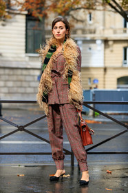 sylvia haghjoo, red jacket, red pants, red suits, checked jacket, checked pants, checked suits, feather scarf, beige scarf, striped scarf, green scarf, black scarf, belted jacket, chloe bag, brown leather bag, hand bag, miu miu shoes, miu miu scarf, black suede slippers, kitten heels slippers, big buckle shoes, PARIS, PFW, SPRING SUMMER 2020, SS 20, fashion week, frenchystyle, FW, jonathan paciullo, street style, vertical, full length