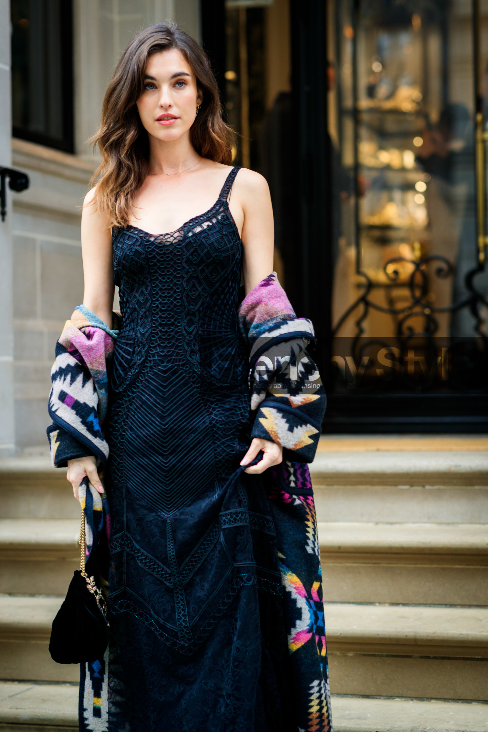 black bag, black dress, graphic jacket, leather bag, multicolor jacket, off the shoulder, patchwork, printed jacket, ralph lauren, frenchystyle, jonathan paciullo, street style, NYFW, NEW YORK, AUTUMN WINTER 2019-2020, AW 19-20, FALL WINTER 2019-2020, FW 19-20, fashion week, FW, vertical, atmosphere details, detail