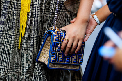 blue bag, checked, fendi, graphic bag, houndstooth pattern, leather bag, monogram, plaid, printed bag, PFW, fashion week, frenchystyle, FW, jonathan paciullo, street style, PARIS, horizontal, atmosphere details, detail, AUTUMN WINTER 2018-2019, FALL WINTER 2018-2019, FW 18-19