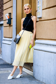 black bag, black top, caro daur, earrings, leather bag, leather shoes, pleated skirt, sunglasses, white shoes, yellow skirt, fashion week, frenchystyle, FW, jonathan paciullo, street style, MFW, MILAN, SPRING SUMMER 2019, SS 19, vertical, full length