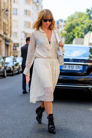 beige dress, black shoes, lace dress, leather shoes, necklace, sunglasses, white bag, fashion week, frenchystyle, FW, jonathan paciullo, street style, PFW, PARIS, vertical, full length, AUTUMN WINTER 2018-2019, FALL WINTER 2018-2019, FW 18-19, lisa aiken