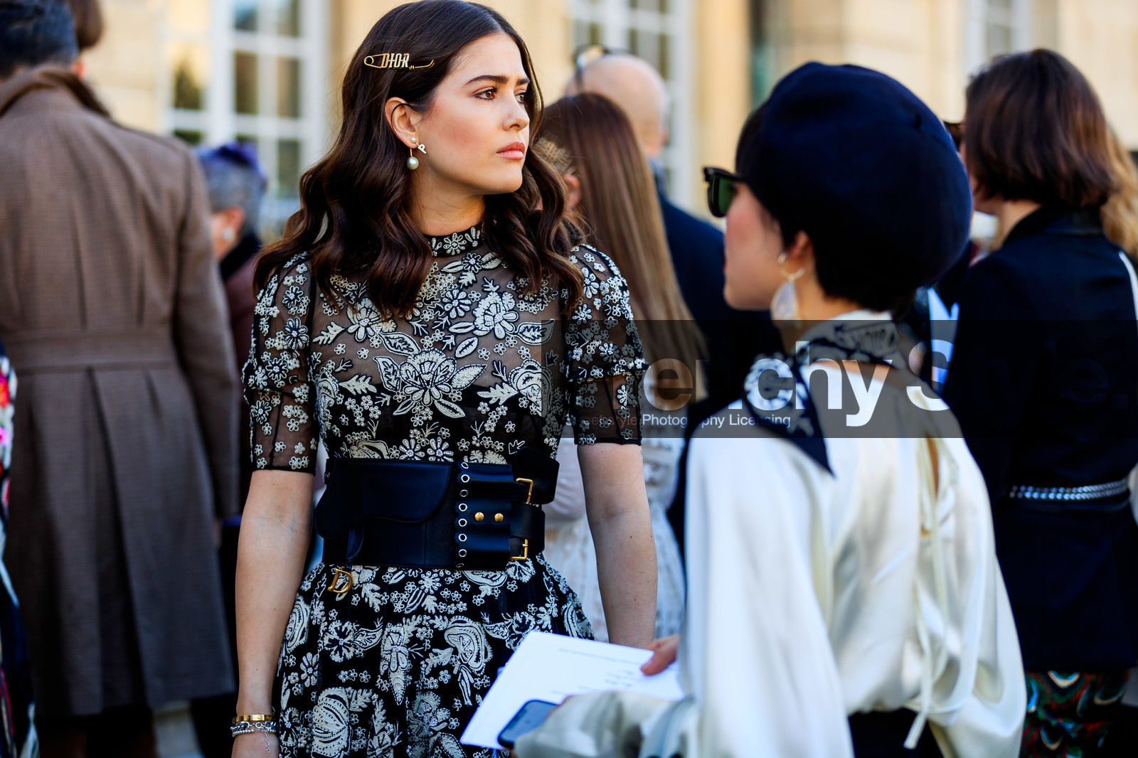 black belt, black dress, christian dior, earrings, embroidered dress, floral, flowers, graphic dress, hair clip, lace dress, leather belt, pearls, printed dress, fashion week, frenchystyle, FW, jonathan paciullo, street style, PFW, PARIS, AUTUMN WINTER 2019-2020, AW 19-20, FALL WINTER 2019-2020, FW 19-20, horizontal, atmosphere details, detail