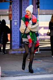 black boots, platform boots, black stoci, black stockings, white beanie, multicolor scarf, striped scarf, bomber jacket, green top, green bomber jacket, coach logo bag, coach handbag, fashion week, frenchystyle, FW, jonathan paciullo, street style, NYFW, NEW YORK, AUTUMN WINTER 2022-2023, FALL WINTER 2022_2023, FW 22-23, vertical, full length