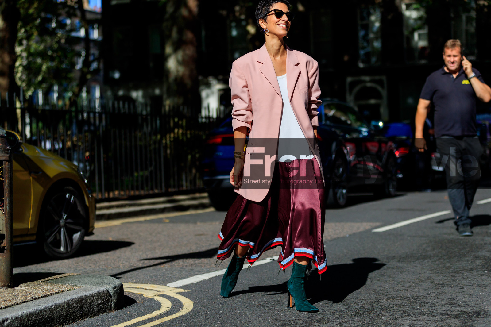 black shoes, blazer, bordeaux, burgundy, graphic dress, green boots, high heels, leather shoes, pink jacket, printed dress, short hair, sunglasses, yasmin sewell, fashion week, frenchystyle, FW, jonathan paciullo, street style, LFW, LONDON, SPRING SUMMER 2019, SS 19, atmosphere details, horizontal, full length