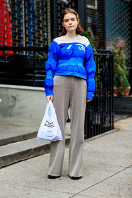 blue denim, bordeaux, burgundy, denim shorts, down jacket, glitter, necklace, red bag, red jacket, red sweater, sunglasses, tights, frenchystyle, jonathan paciullo, street style, NYFW, NEW YORK, AUTUMN WINTER 2019-2020, AW 19-20, FALL WINTER 2019-2020, FW 19-20, fashion week, FW, vertical, full length