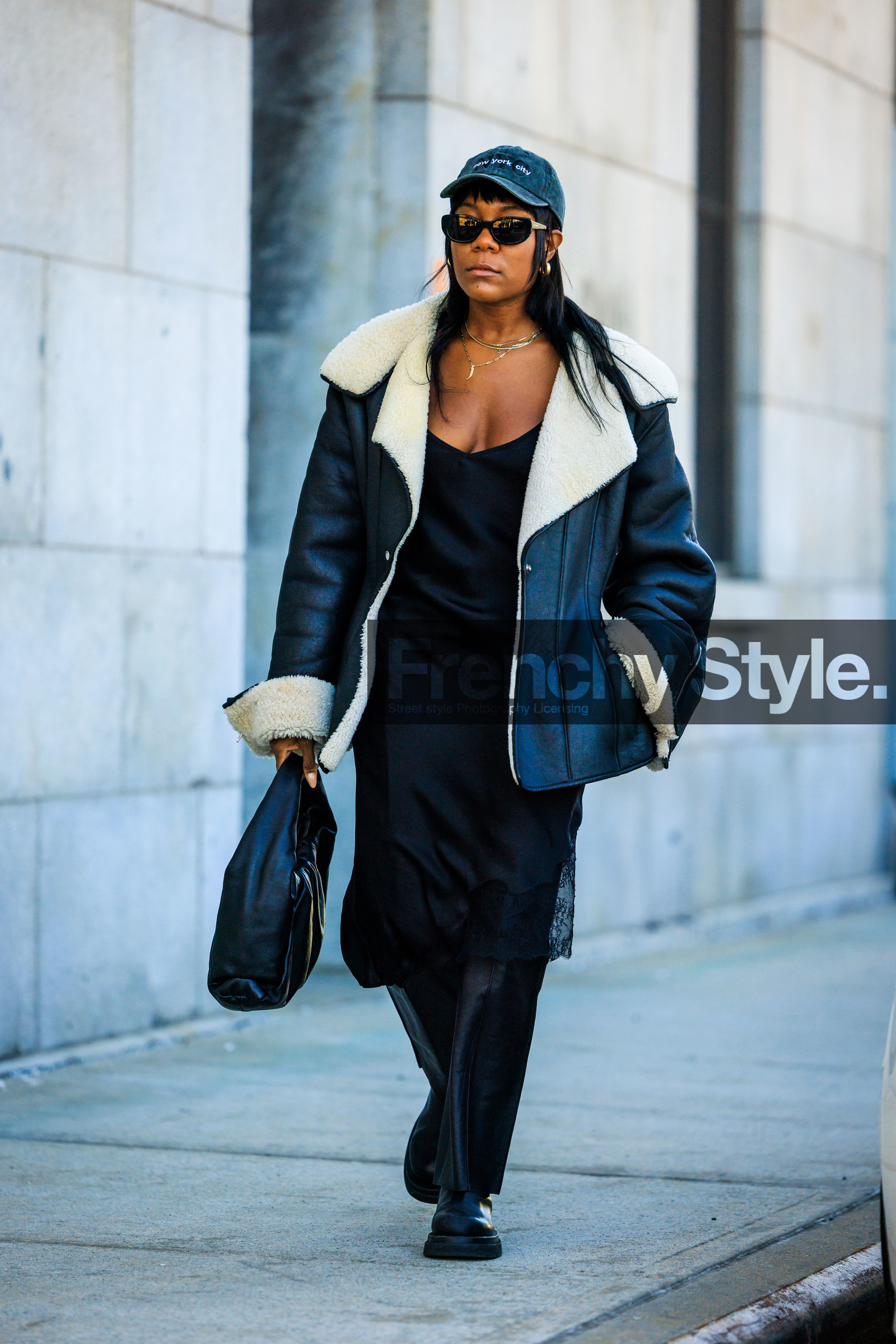 full black look, denim cap, black jacket, leather jacket, furry jacket, biker jacket, winter outwear, black slipe dress, silk slip dress, black boots, black pants, leather pants, leather boots, black sunglasses, overlayed necklaces, black handbag, puffed bag, leather bag, street style, jonathan paciullo, FW, frenchystyle, fashion week, NYFW, NEW YORK, AUTUMN WINTER 2022-2023, FALL WINTER 2022_2023, FW 22-23, vertical, full length
