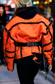 black belt, black pants, black sweater, hoodie, leather belt, orange jacket, trousers, street style, jonathan paciullo, FW, frenchystyle, fashion week, NYFW, NEW YORK, AUTUMN WINTER 2018-2019, AW 18-19, FALL WINTER 2018-2019, FW 18-19, vertical, atmosphere details, detail, vanessa hong