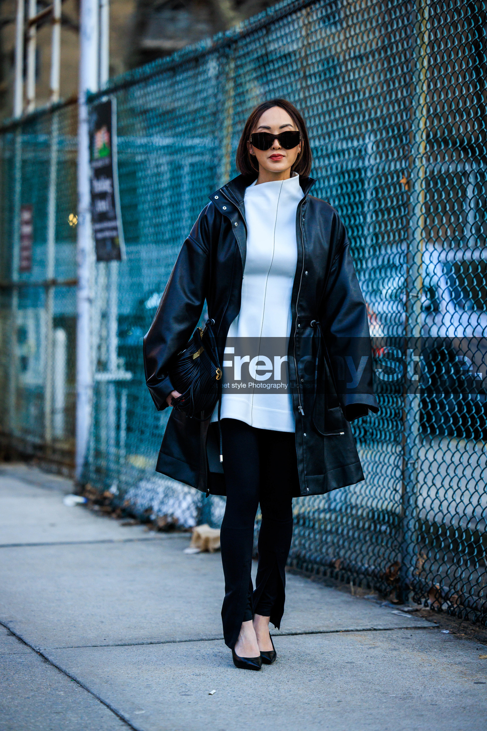 black sun glasses, white midi dress, black rain coat, black leggins, black stilettos, Chriselle Lim, fashion week, frenchystyle, FW, jonathan paciullo, street style, NYFW, NEW YORK, AUTUMN WINTER 2022-2023, FALL WINTER 2022_2023, FW 22-23, vertical, full length