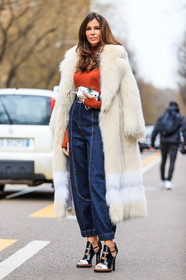 AUTUMN WINTER 2016-2017, AW 16-17, black shoes, blue denim, denim pants, FALL WINTER 2016-2017, fashion week, fendi, frenchystyle, full length, fur coat, FW, FW 16-17, high heels, high waist, jeans, jonathan paciullo, leather shoes, LFW, LONDON, MENSWEAR, open toe, over the shoulder, see through, street style, sweatpants, trousers, vertical, white coat, white fur
