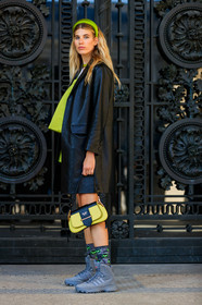 adidas, black coat, graphic bag, green bag, green skirt, green top, grey boots, headband, leather bag, leather coat, leather shoes, prada, printed bag, veronika heilbrunner, PARIS, PFW, street style, jonathan paciullo, FW, frenchystyle, fashion week, AUTUMN WINTER 2019-2020, AW 19-20, FALL WINTER 2019-2020, FW 19-20, vertical, full length