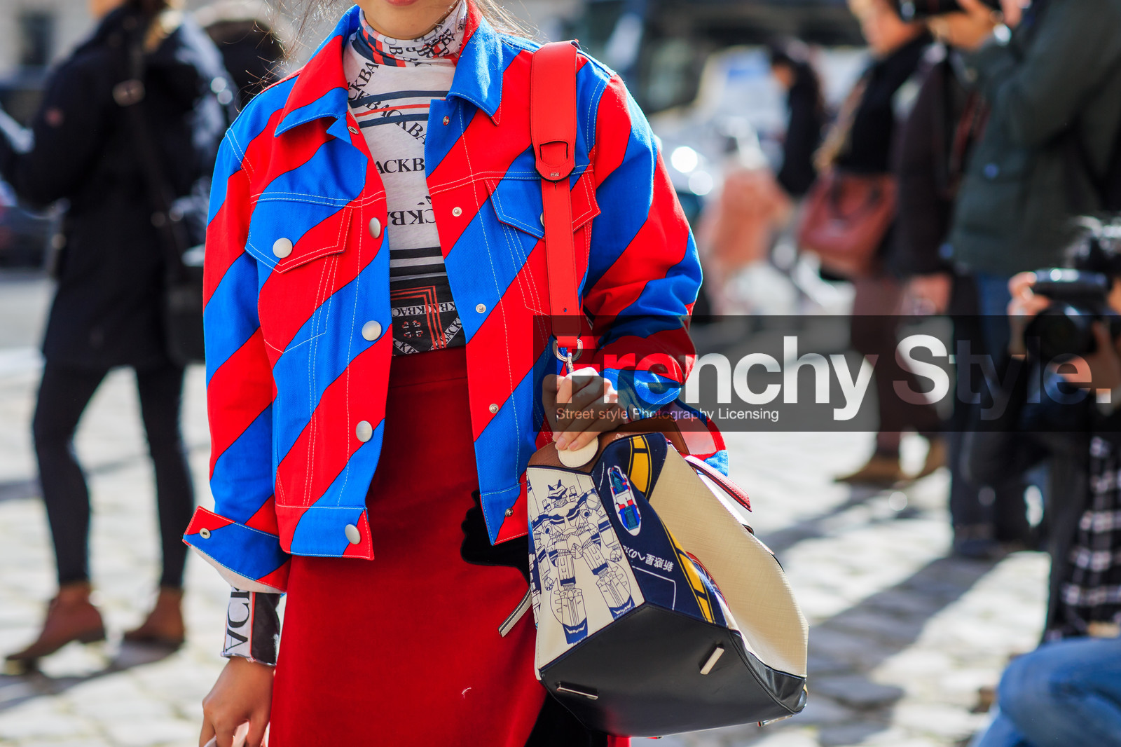 atmosphere details, AUTUMN WINTER 2016-2017, AW 16-17, denim jacket, detail, embroidered jacket, FALL WINTER 2016-2017, fashion week, frenchystyle, FW, FW 16-17, geometric, graphic jacket, horizontal, jonathan paciullo, leather bag, loewe, PARIS, PFW, printed bag, printed jacket, red jacket, red skirt, street style, striped jacket, stripes, susie lau, turquoise