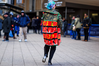 atmosphere details, AUTUMN WINTER 2016-2017, AW 16-17, back detail, camo jacket, camouflage, dyed hair, embroidered jacket, FALL WINTER 2016-2017, fashion week, frenchystyle, full length, fur jacket, FW, FW 16-17, horizontal, jonathan paciullo, kaki jacket, military jacket, NEW YORK, NYFW, red fur, red jacket, street style, transparent heel, woman
