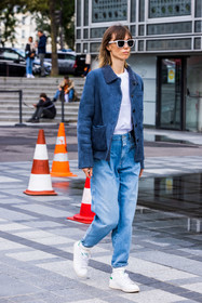 adidas, Anya Ziourova, blue denim, blue jacket, blue jean, denim, jacket, jean, sneakers, suede jacket, sunglasses, t-shirt, white sneakers, white sunglasses, white t-shirt, fashion week, frenchystyle, FW, jonathan paciullo, street style, PFW, PARIS, SPRING SUMMER 2022, SS 22, vertical, full length