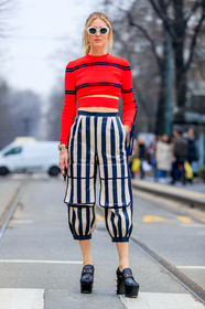 AUTUMN WINTER 2017-2018, AW 17-18, black shoes, chiara ferragni, cropped top, FALL WINTER 2017-2018, fashion week, fendi, frenchystyle, full length, FW, FW 17-18, geometric, graphic pants, graphic sweater, gucci, high heels, jonathan paciullo, leather shoes, MFW, MILAN, pearls, printed pants, printed sweater, red sweater, street style, striped pants, striped sweater, stripes, sunglasses, trousers, vertical